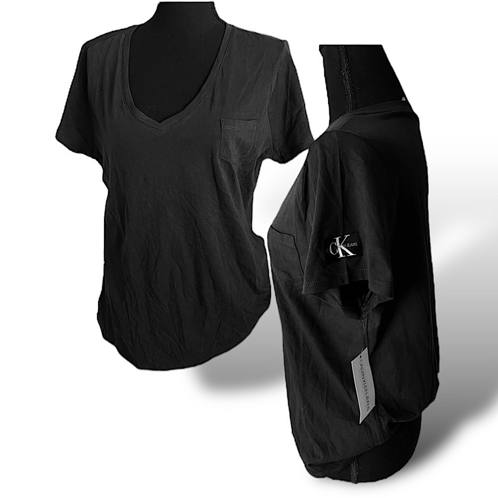 Calvin Klein Black V-Neck Sport Short Sleeve Monogrammed Sleeve Tee Shir…